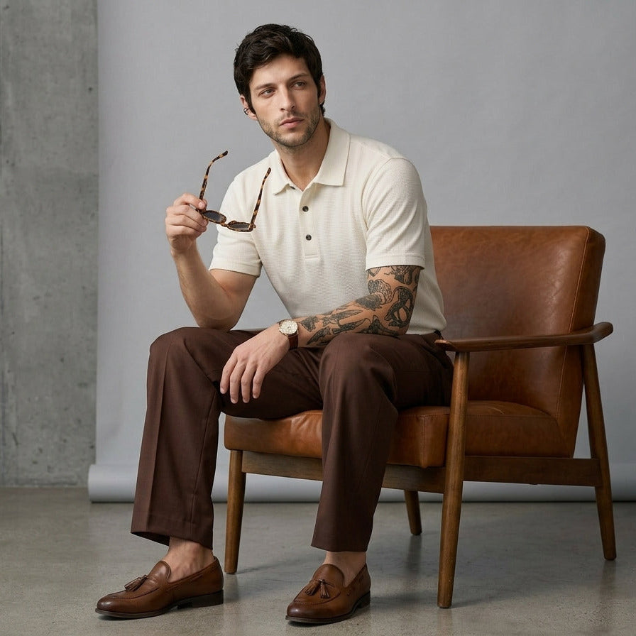 Men's Old Money Combo | Off White Polo & Brown Trouser
