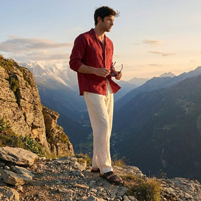 Men's Old Money Style Set | Maroon Shirt & Off-White Pants Combo