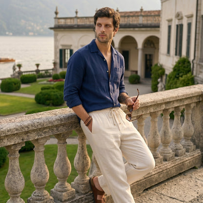 Old Money Combo Men | Navy Shirt + Off White Linen Pants