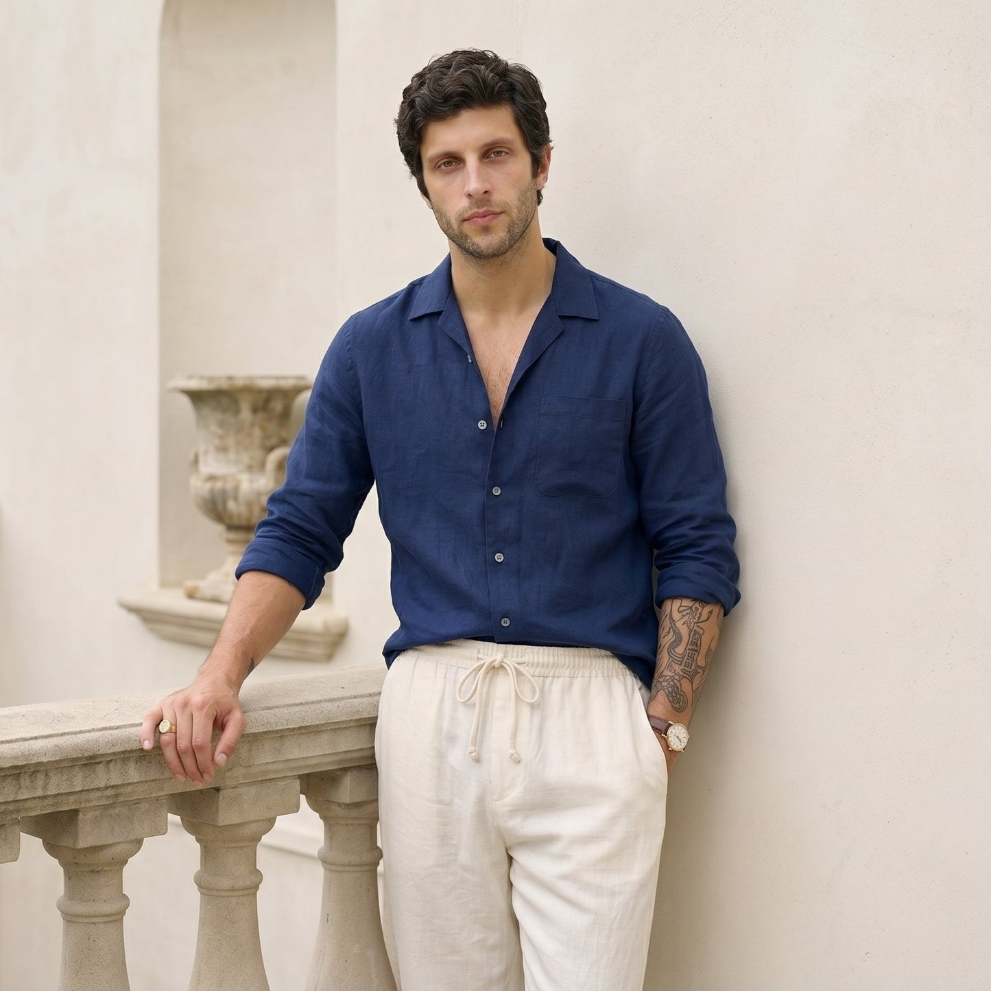 Old Money Combo Men | Navy Shirt + Off White Linen Pants