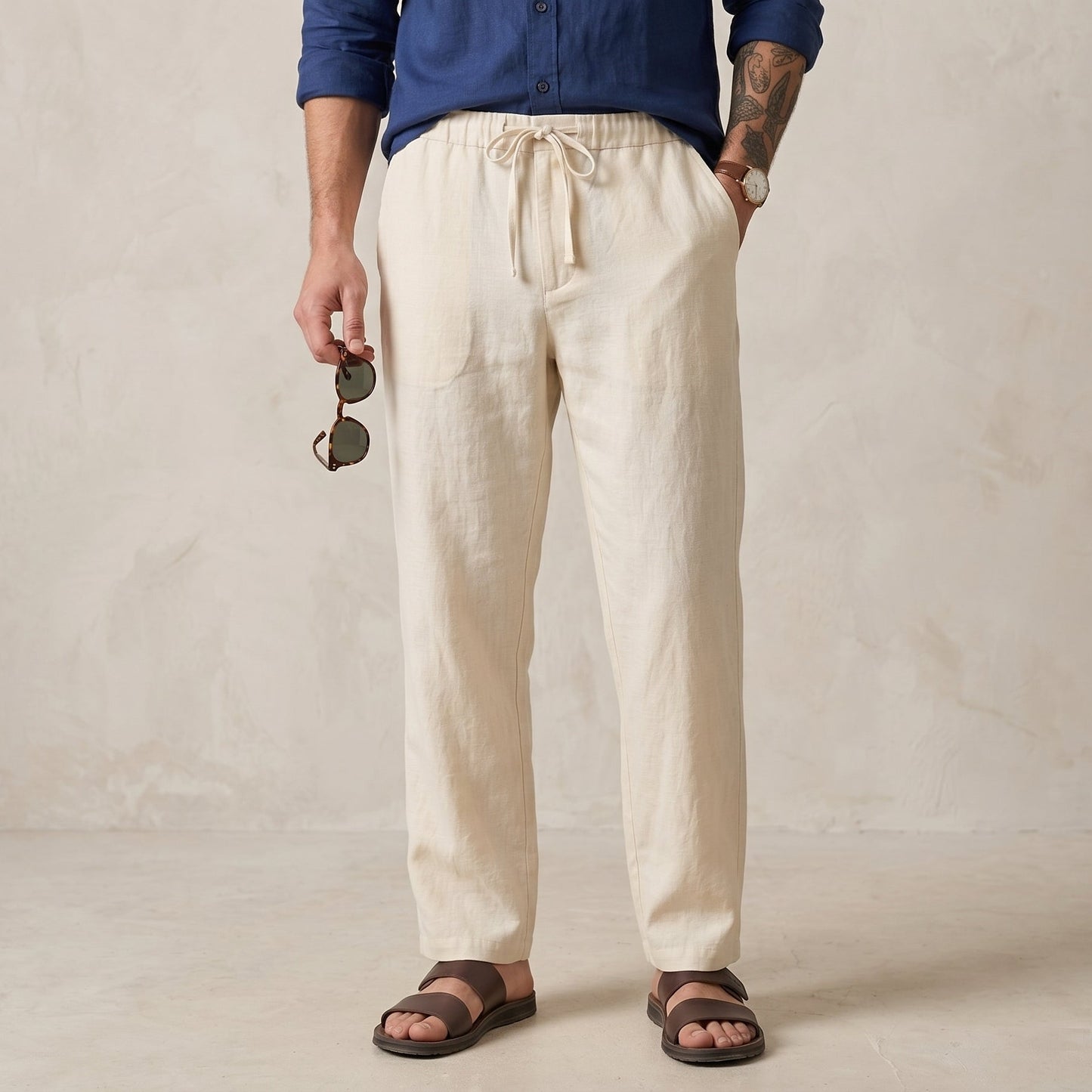 Old Money Combo Men | Navy Shirt + Off White Linen Pants