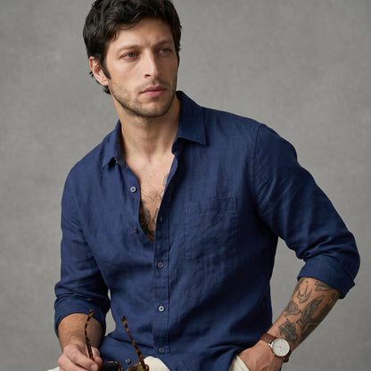 Old Money Combo Men | Navy Shirt + Off White Linen Pants