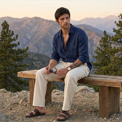 Old Money Combo Men | Navy Shirt + Off White Linen Pants