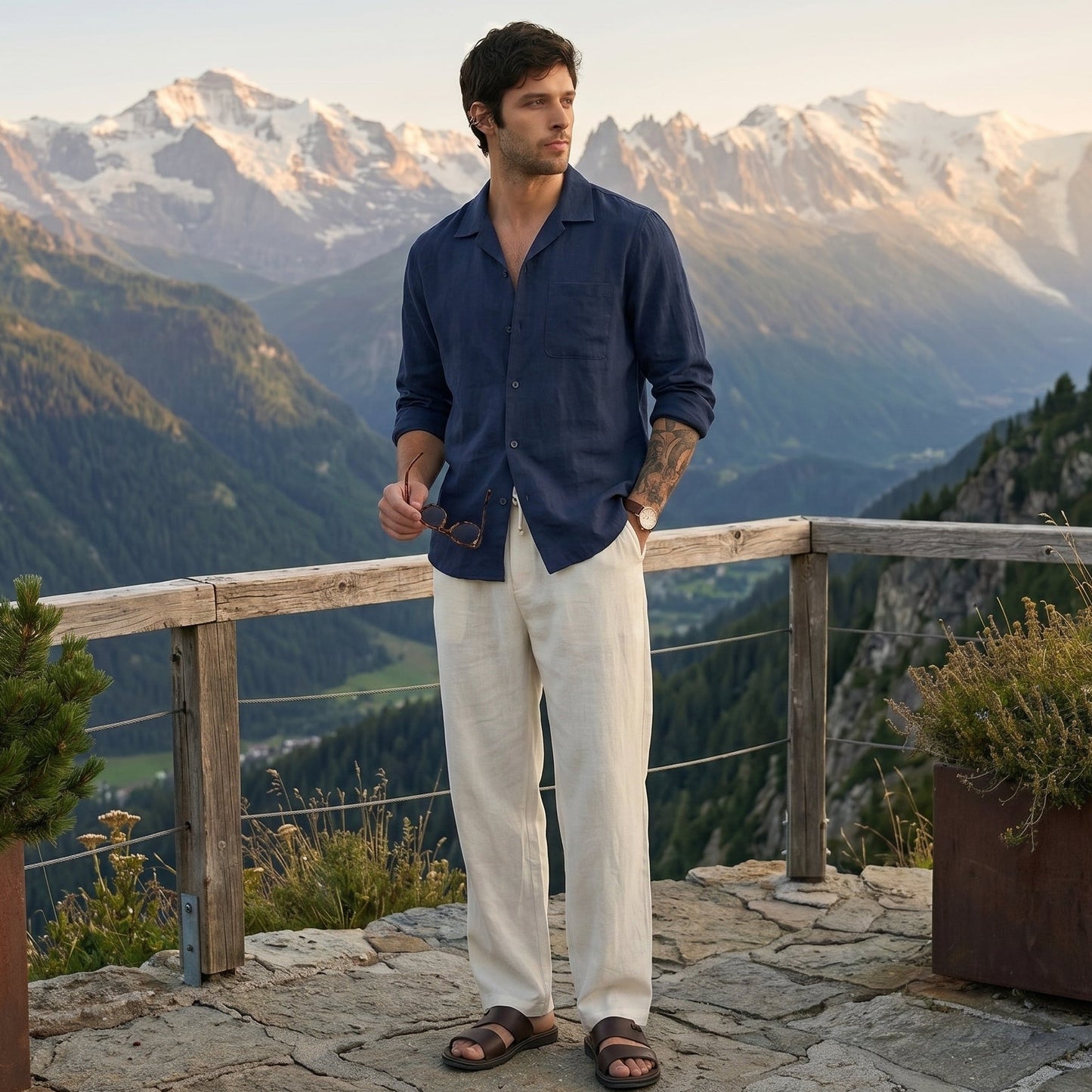Old Money Combo Men | Navy Shirt + Off White Linen Pants