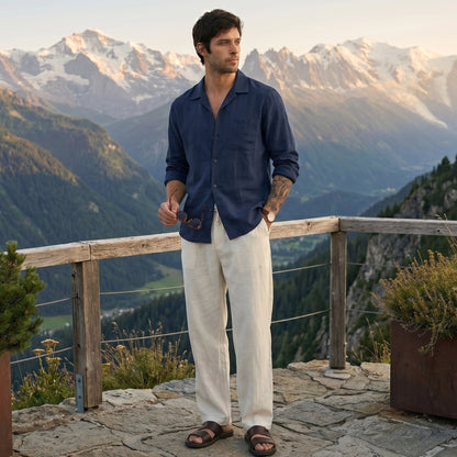 Old Money Combo Men | Navy Shirt + Off White Linen Pants