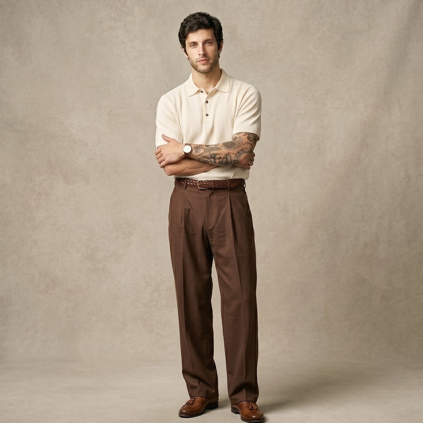 Men's Old Money Combo | Off White Polo & Brown Trouser